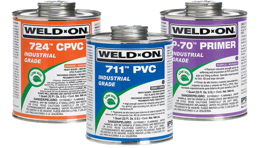 Weld-On solvent cements, cleaners and primers for PVC and CPVC